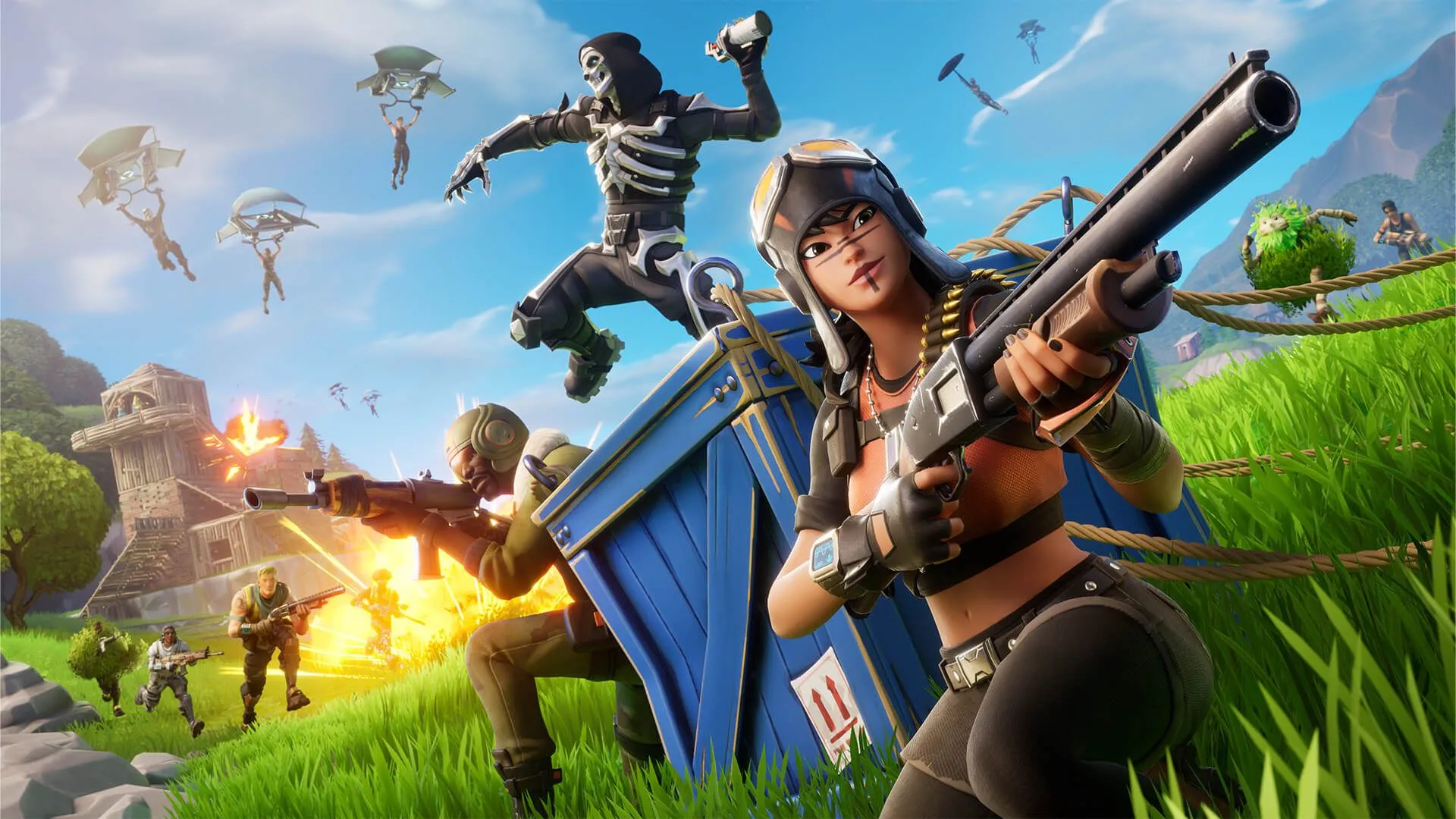 Hình ảnh quảng cáo game Fortnite với nhiều nhân vật cầm vũ khí, thể hiện sự đa dạng về trang phục và lối chơi trong game battle royale.