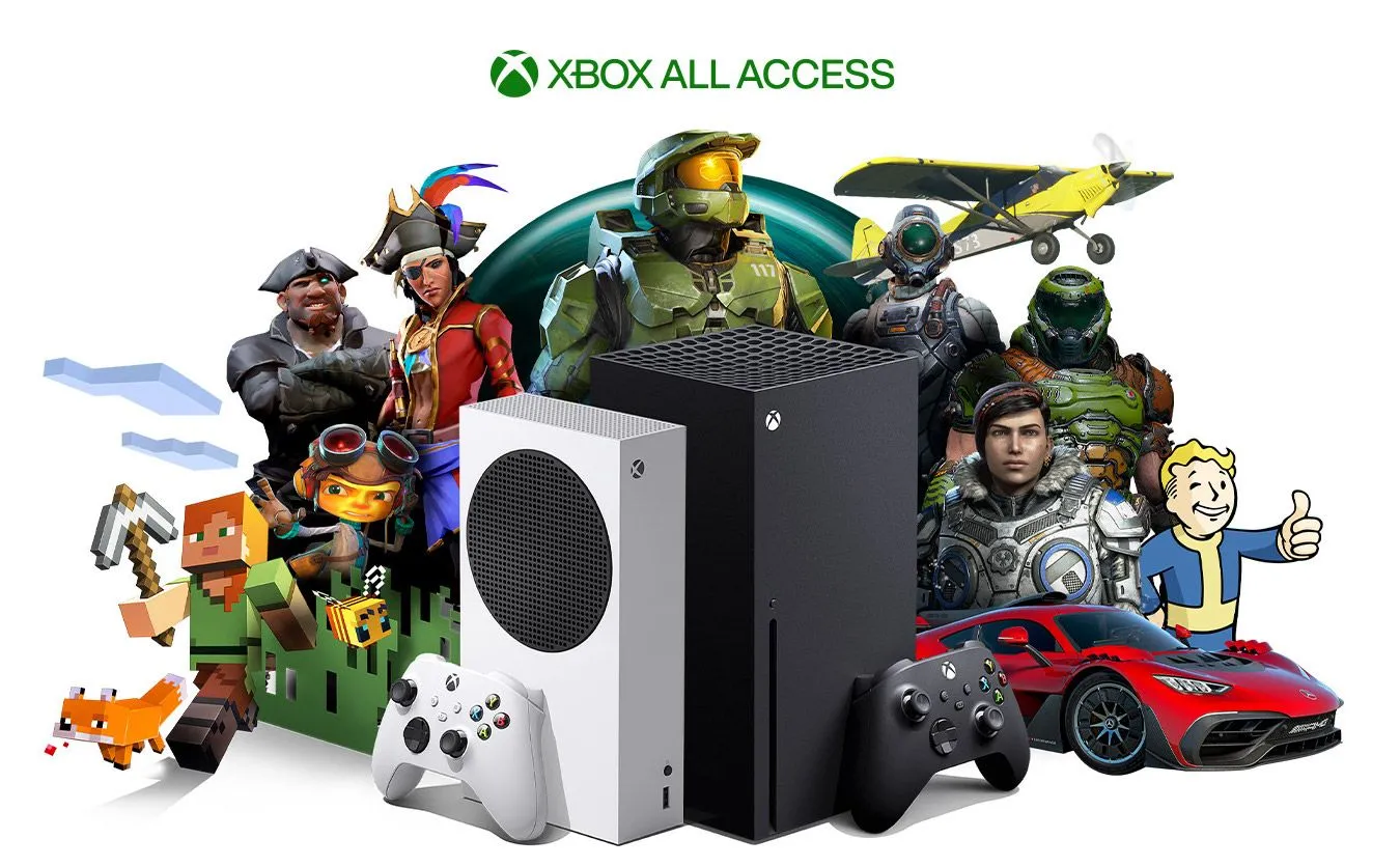 Hình ảnh quảng cáo Game Pass hiển thị các tựa game nổi bật của Xbox như Halo, Minecraft, Doom và Fallout, minh họa sự đa dạng và hấp dẫn của thư viện game.