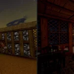 Hình ảnh so sánh Daggerfall Unity: người cưỡi ngựa trong thế giới mở và nhân vật trong không gian kín, thể hiện đồ họa nâng cấp và trải nghiệm game nhập vai giả tưởng.