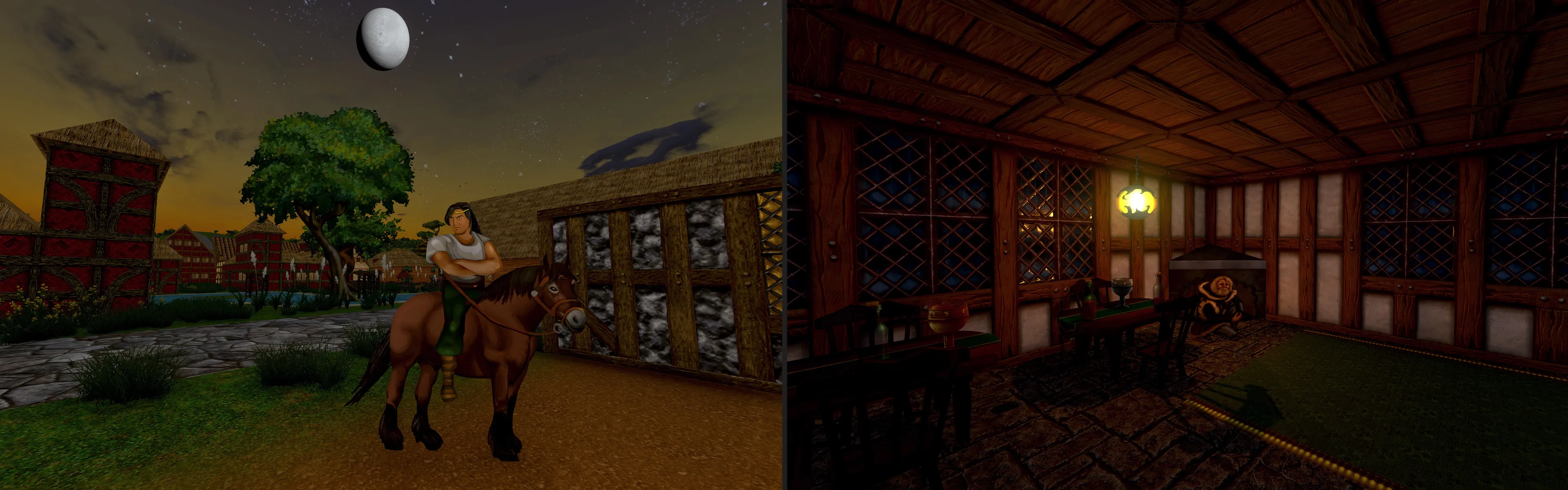Hình ảnh so sánh Daggerfall Unity: người cưỡi ngựa trong thế giới mở và nhân vật trong không gian kín, thể hiện đồ họa nâng cấp và trải nghiệm game nhập vai giả tưởng.
