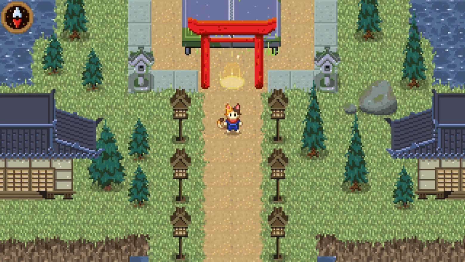Hình ảnh trò chơi Champion Island Google Doodle với nhân vật mèo Lucky trong thế giới pixel art rực rỡ, kỷ niệm Olympic.