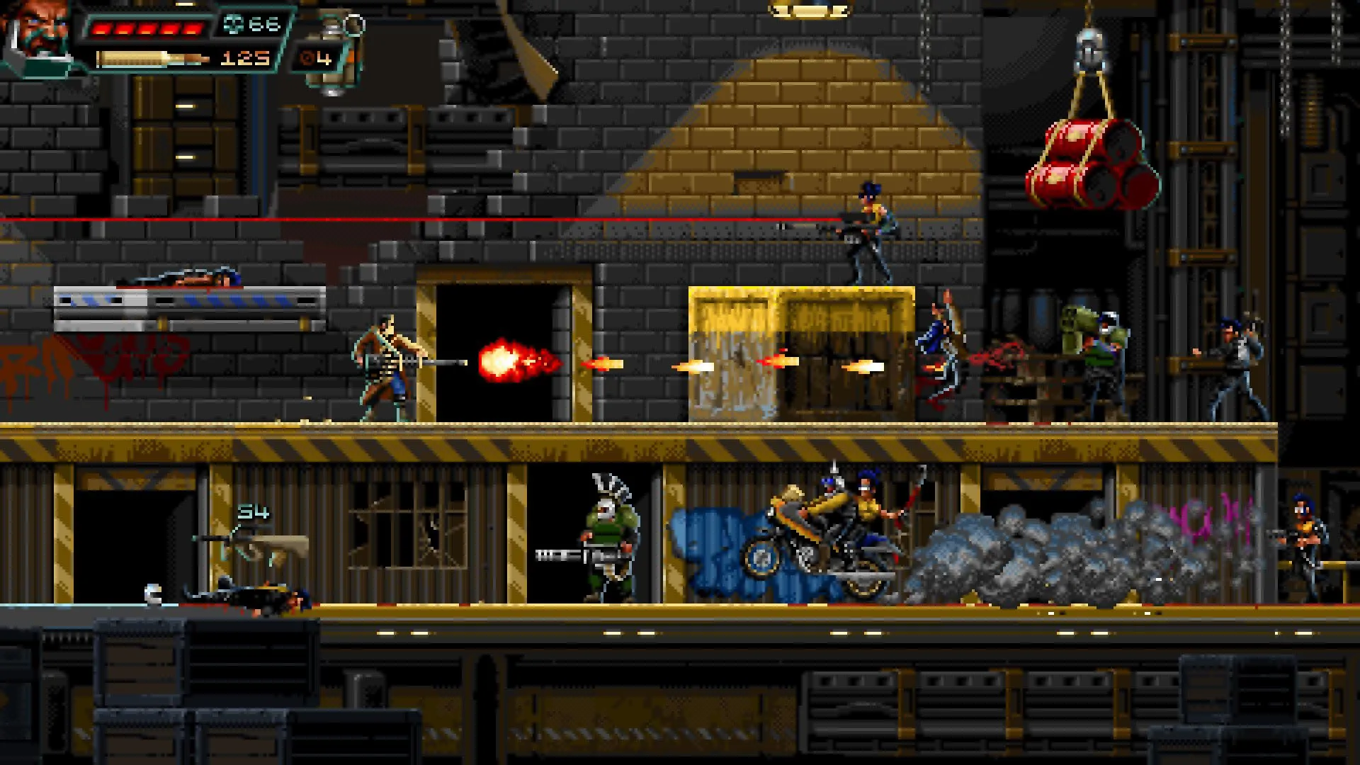 Hình ảnh từ Huntdown, một tựa game indie hiện đại tái hiện hoàn hảo lối chơi run-and-gun cổ điển với đồ họa pixel retro và bối cảnh hành động viễn tưởng.