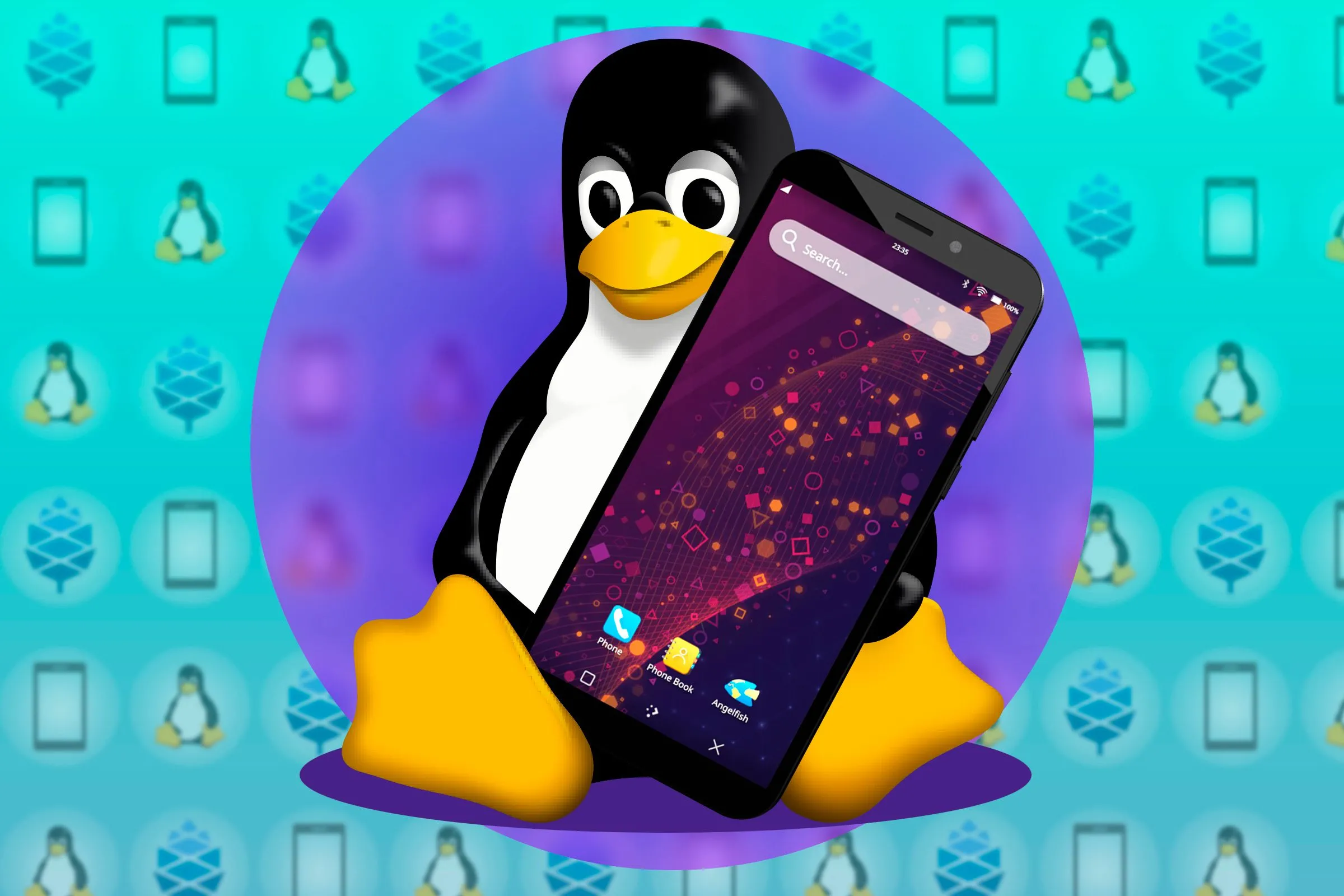 Hình minh họa linh vật Linux Tux đang cầm điện thoại, đại diện cho các dự án mã nguồn mở cần tài trợ.