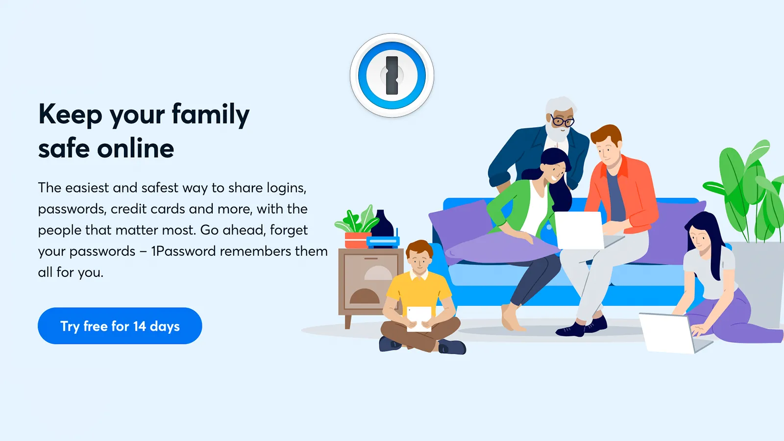 Hình minh họa một gia đình đang sử dụng 1Password, nhấn mạnh tính năng chia sẻ mật khẩu và dữ liệu an toàn, dễ dàng giữa các thành viên.