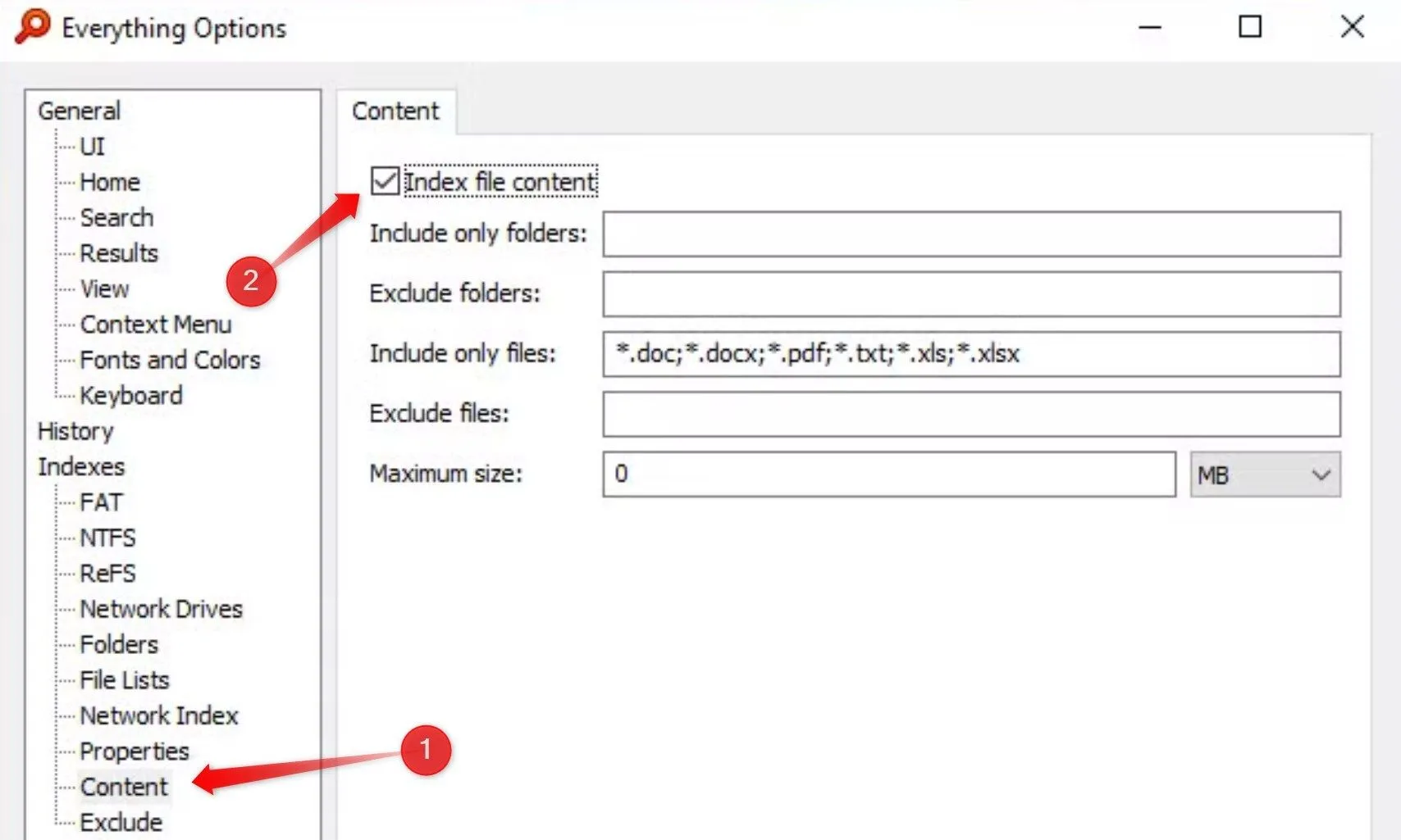 Hộp thoại cài đặt để kích hoạt tính năng lập chỉ mục nội dung tệp (Index File Content) trong Everything, hỗ trợ tìm kiếm nội dung bên trong file.