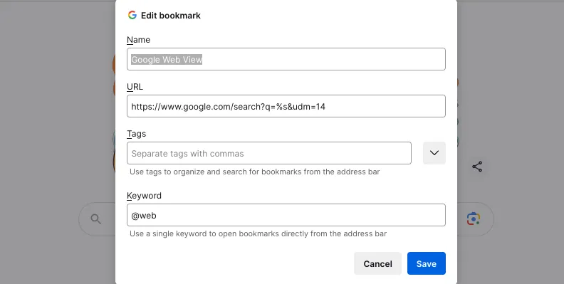 Hộp thoại chỉnh sửa đánh dấu trang trong Firefox đã hoàn thành với tên, từ khóa &quot;@web&quot; và URL có tham số &amp;udm=14 để kích hoạt chế độ Web View.