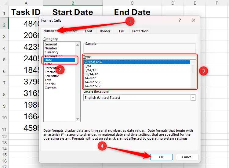 Hộp thoại Format Cells trong Excel hiển thị danh mục Date để chọn định dạng ngày chuẩn.
