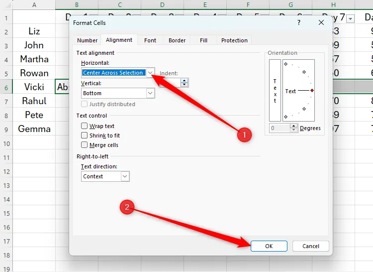Hộp thoại Format Cells trong Excel hiển thị tùy chọn &quot;Center Across Selection&quot; để căn giữa mà không trộn ô.