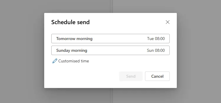 Hộp thoại &quot;Gửi theo lịch&quot; trong Microsoft Outlook, cho phép người dùng chọn thời gian gửi cụ thể.