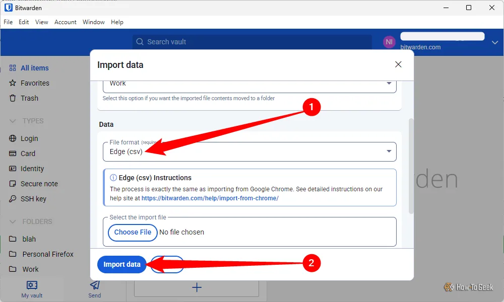 Hộp thoại &quot;Import Data&quot; của BitWarden, cho phép người dùng chọn định dạng tệp &quot;Edge (CSV)&quot; và nhập tệp mật khẩu đã xuất từ Microsoft Edge.