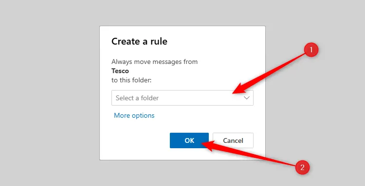 Hộp thoại &quot;Tạo Quy tắc&quot; trong Outlook mới, cho phép chọn thư mục để tự động di chuyển email từ người gửi cụ thể.