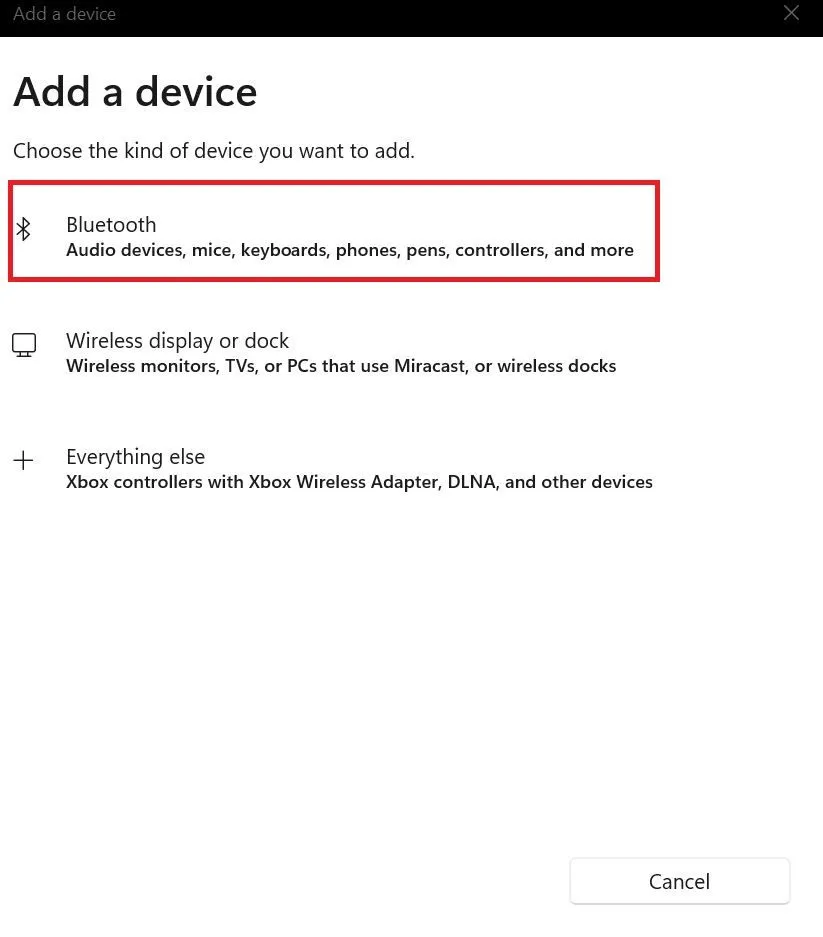Hộp thoại 'Thêm thiết bị' của Windows, cho phép người dùng chọn phương thức kết nối Bluetooth, minh họa bước tiếp theo.