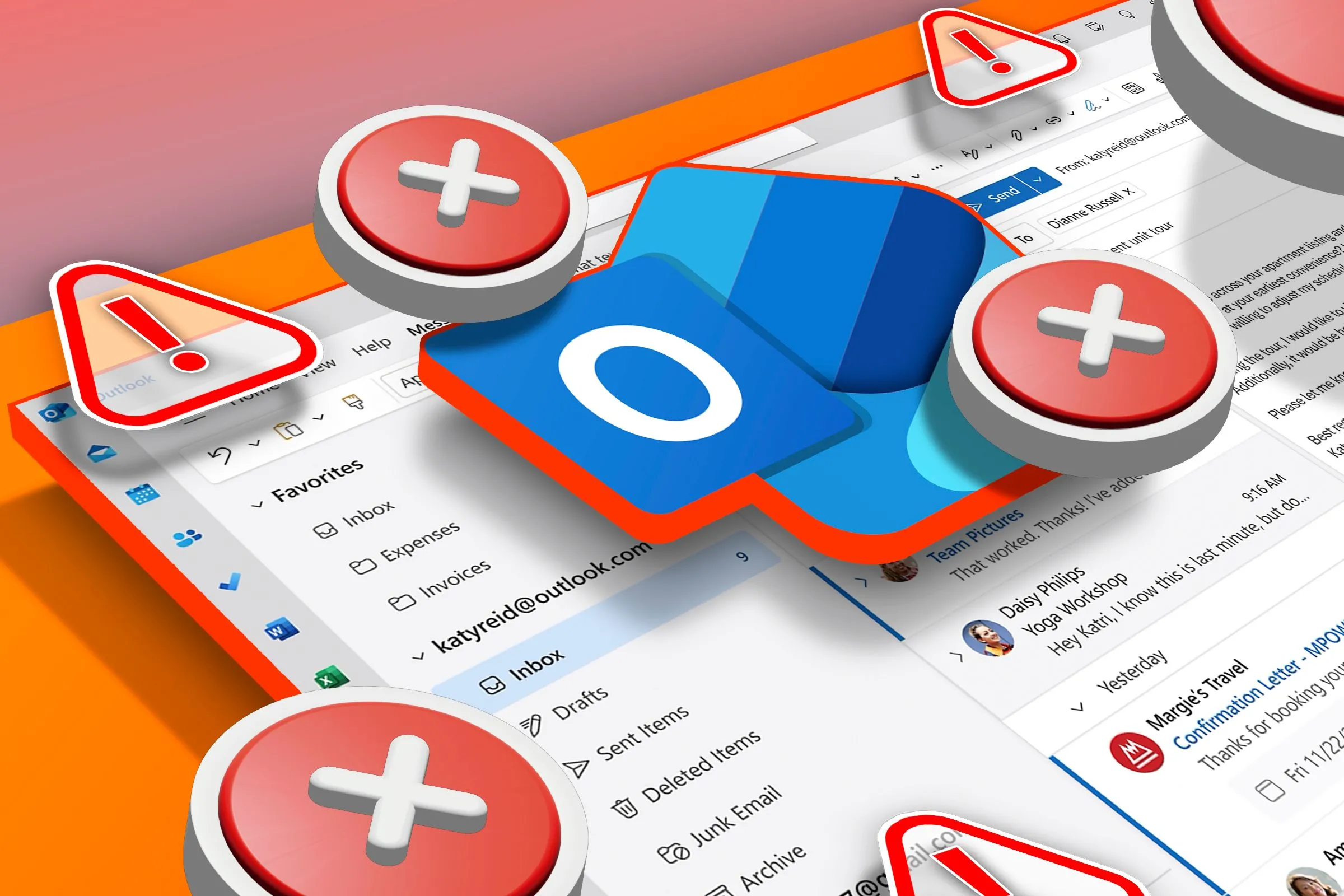Hộp thư đến Microsoft Outlook với logo mới và các biểu tượng cảnh báo lỗi, minh họa tình trạng gián đoạn dịch vụ email.