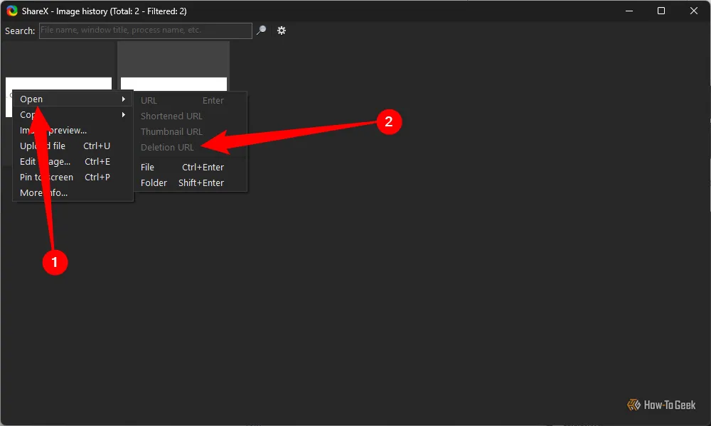 Hướng dẫn xóa ảnh đã tải lên từ lịch sử ảnh của ShareX thông qua tùy chọn &quot;Deletion URL&quot; để quản lý dữ liệu trực tuyến.