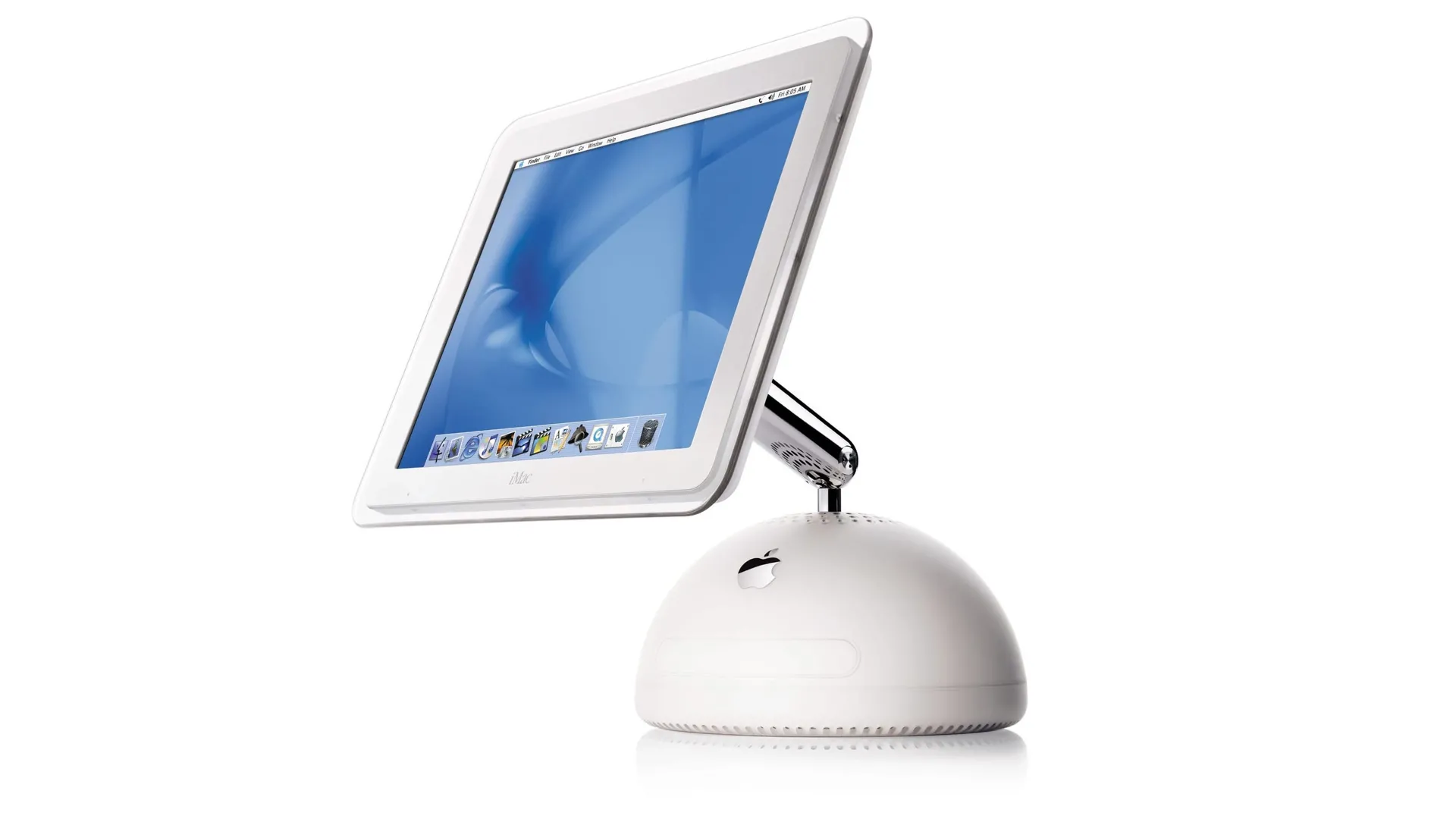 iMac G4 với màn hình phẳng có thể điều chỉnh linh hoạt và đế hình bán cầu chứa linh kiện.