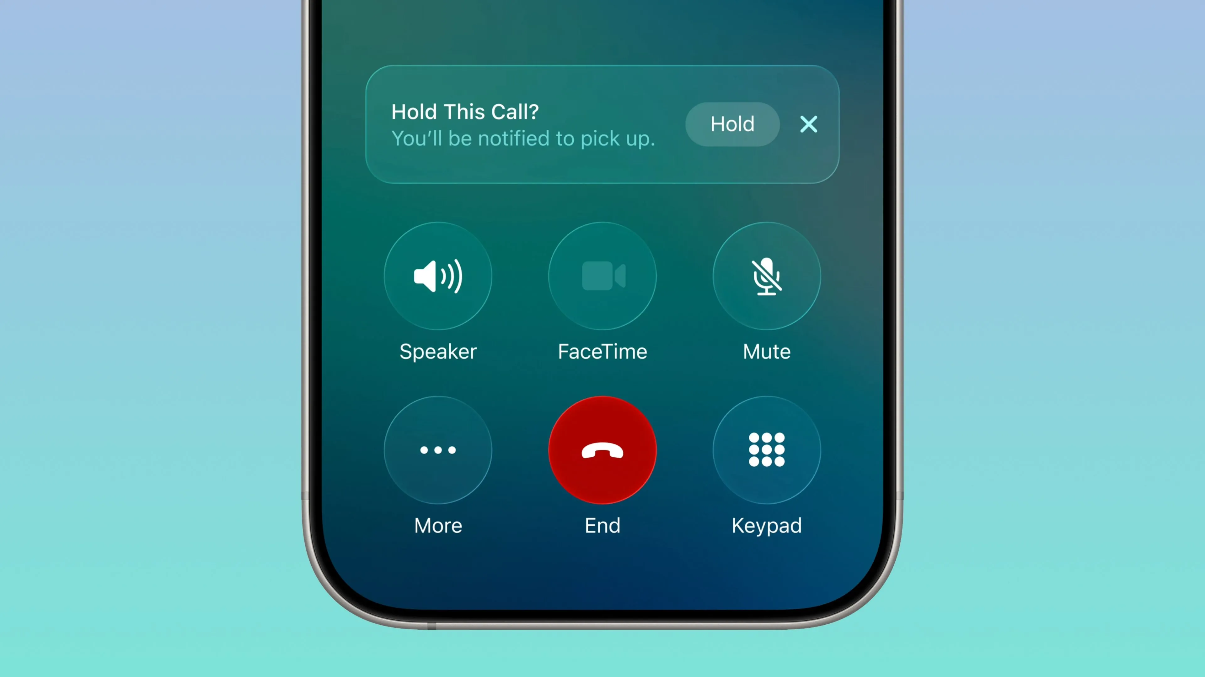 iPhone hiển thị biểu ngữ &quot;Giữ cuộc gọi này&quot; trong ứng dụng Điện thoại, minh họa tính năng Hold Assist tiện lợi.