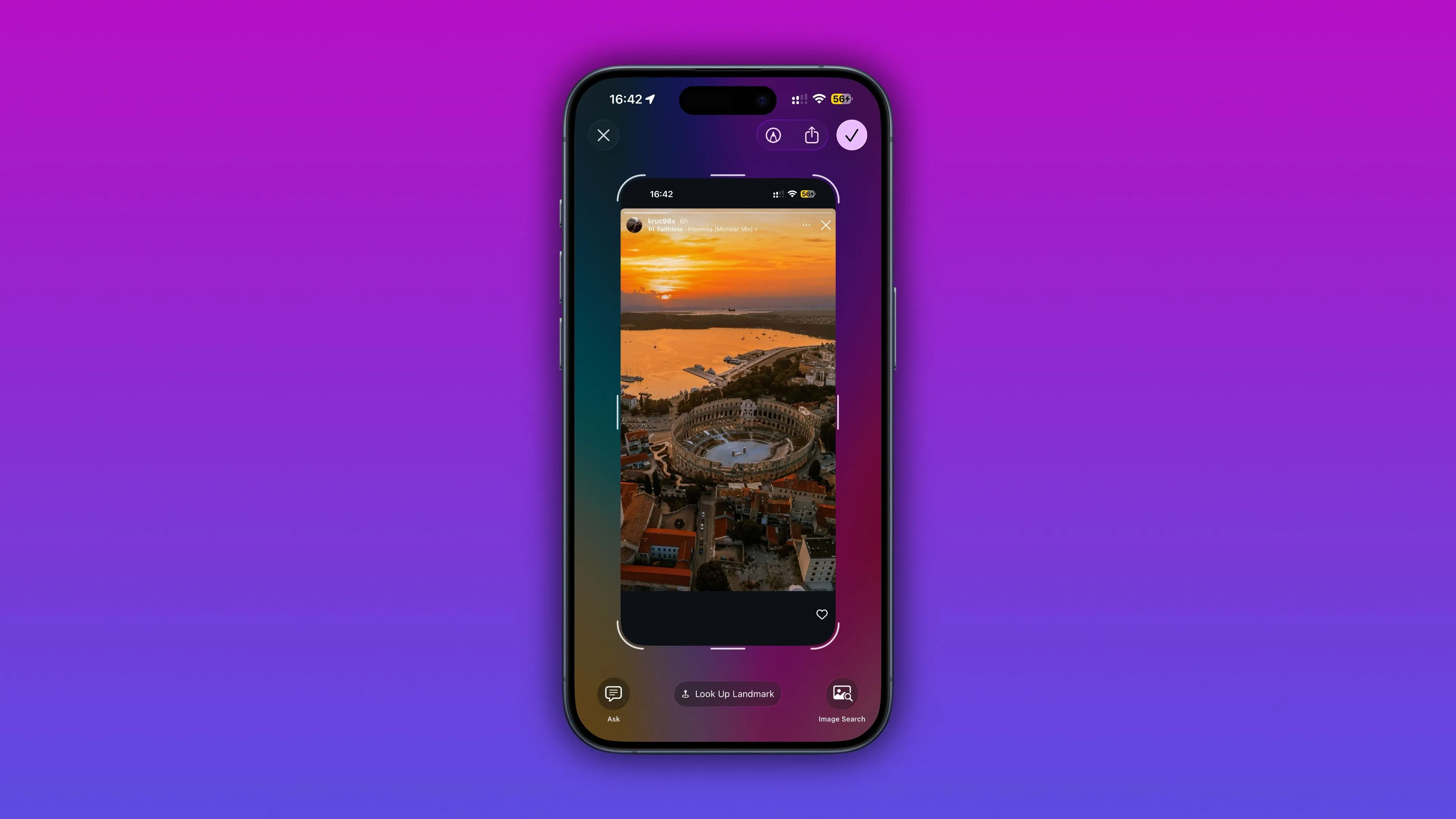 iPhone sử dụng tính năng Visual Intelligence để nhận diện một địa danh trên ảnh chụp màn hình Instagram.