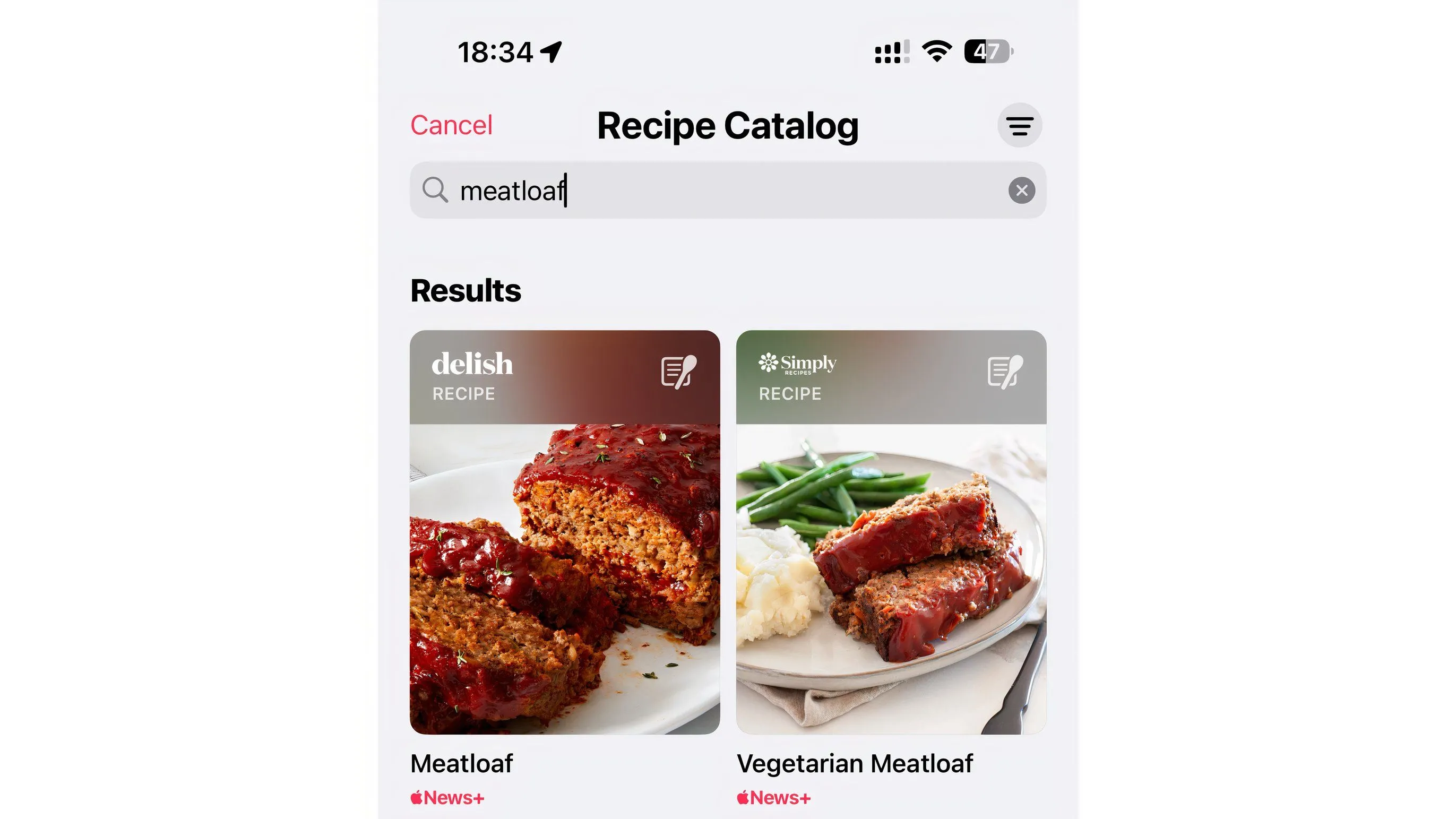 Kết quả tìm kiếm công thức &quot;meatloaf&quot; trong tính năng tìm kiếm của Apple News+ Food, thể hiện khả năng tra cứu nhanh chóng
