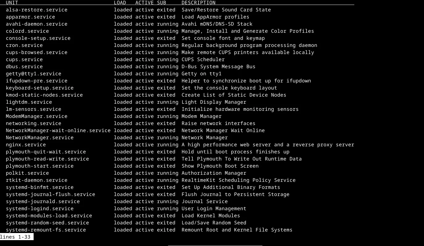 Kết quả từ lệnh `systemctl list-units --type=service` trong terminal Linux, hiển thị danh sách các dịch vụ hệ thống.
