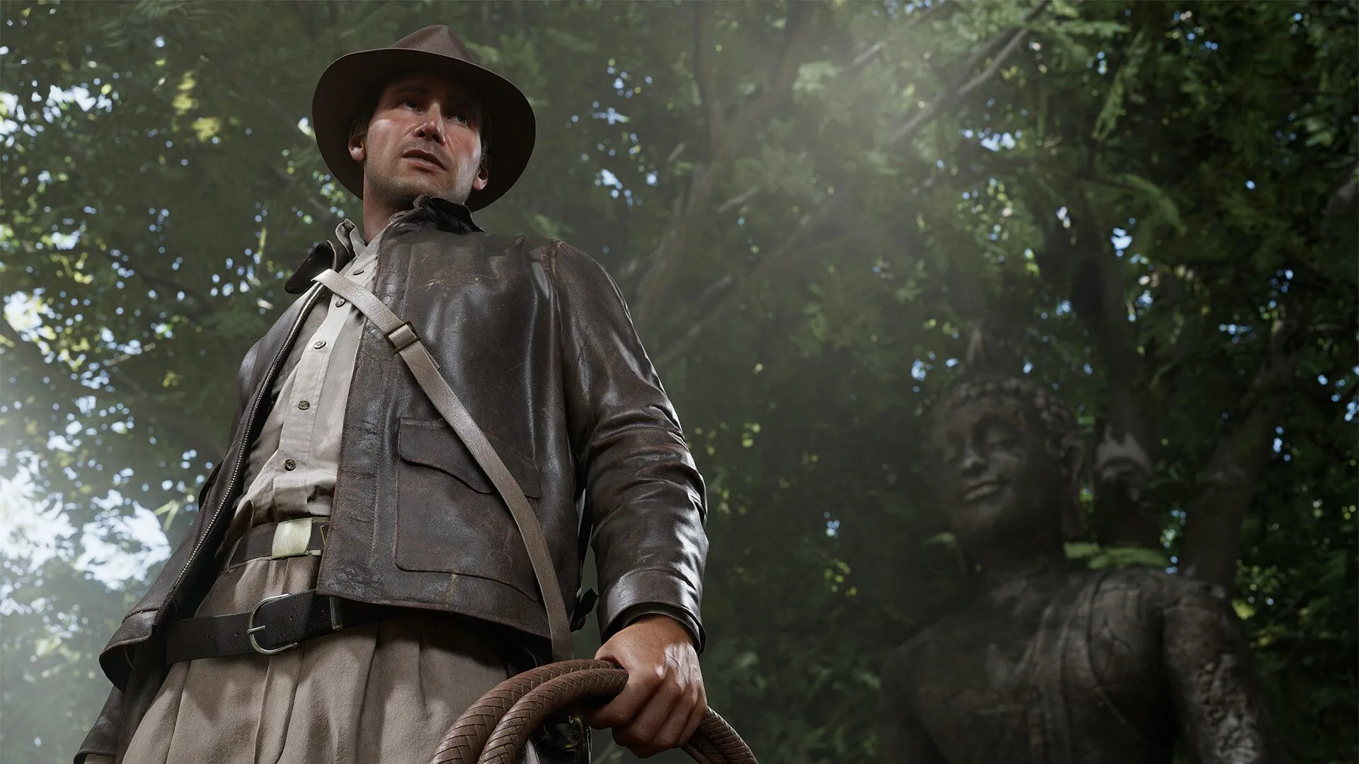 Khoảnh khắc điện ảnh trong game Indiana Jones and the Great Circle, cho thấy chất lượng đồ họa ấn tượng và bối cảnh phiêu lưu, minh họa trải nghiệm như phim ảnh trong trò chơi.