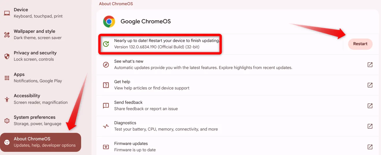 Khởi động lại Chromebook để hoàn tất cập nhật hệ điều hành, đảm bảo thiết bị có các tính năng và bản vá bảo mật mới nhất.