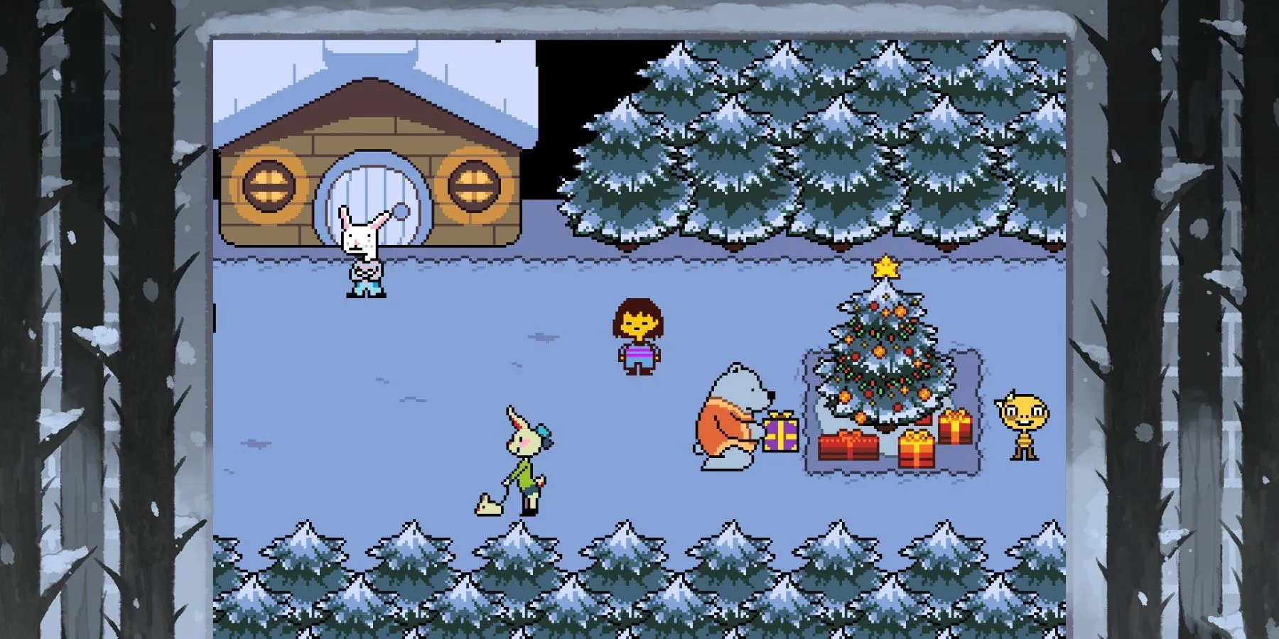 Khung cảnh chiến đấu trong Undertale, thể hiện đồ họa 8-bit đặc trưng và cơ chế gameplay độc đáo, nơi lựa chọn của người chơi thay đổi cốt truyện.