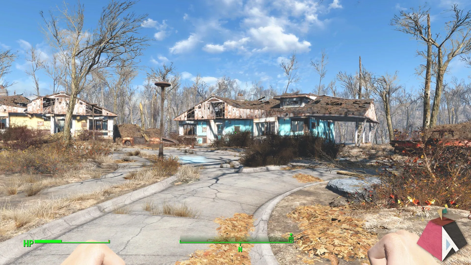 Khung cảnh hoang tàn và tăm tối trong Fallout 4, minh họa thế giới hậu tận thế đầy rẫy đổ nát.