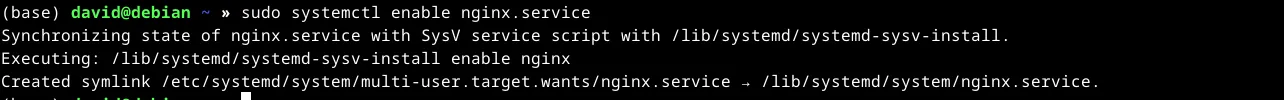 Kích hoạt dịch vụ NGINX khởi động cùng hệ thống bằng lệnh `sudo systemctl enable nginx.service` trong terminal Linux.