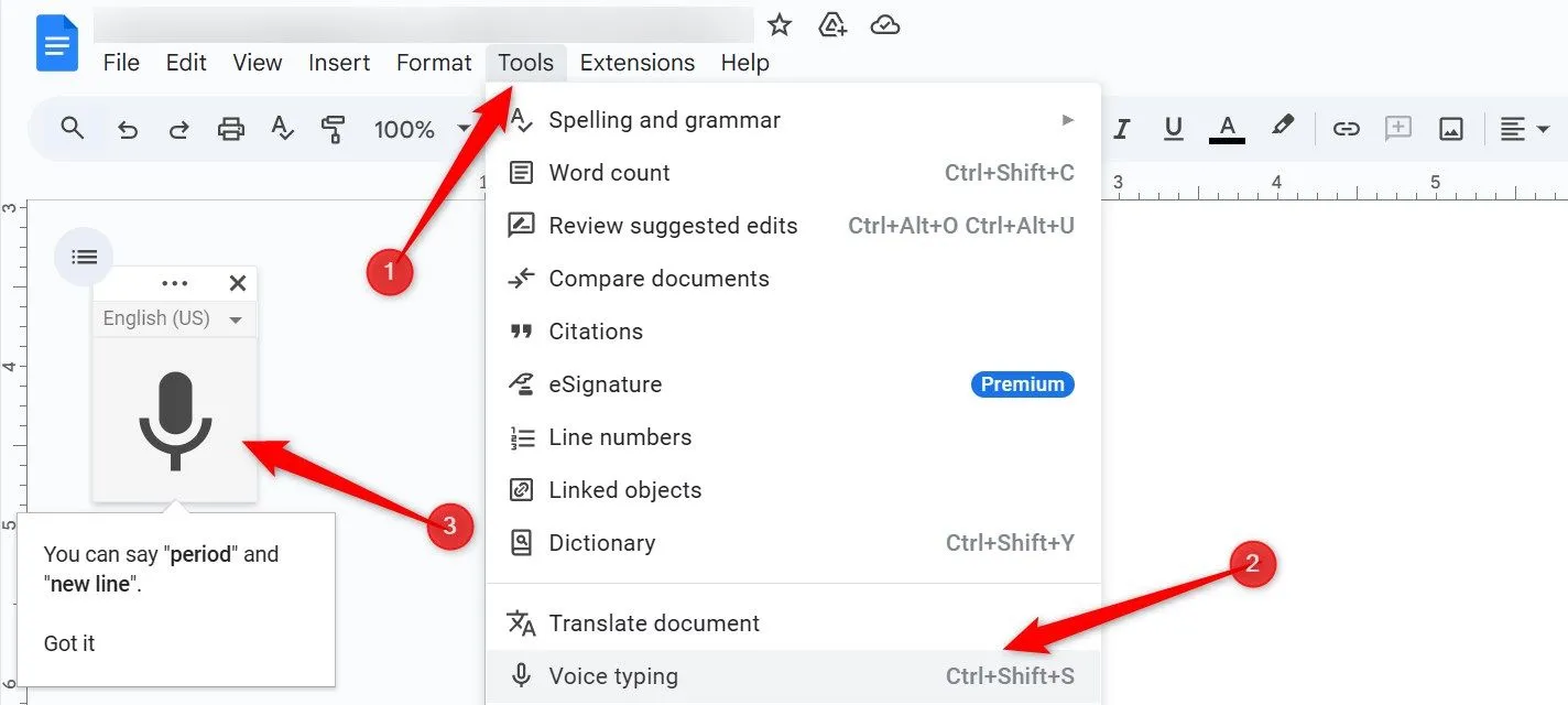 Kích hoạt tính năng nhập liệu bằng giọng nói trong Google Docs từ menu &quot;Công cụ&quot;, hỗ trợ viết nhanh và rảnh tay.