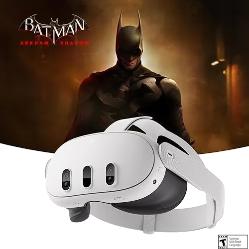 Kính thực tế ảo Meta Quest 3 với dây đeo và bộ điều khiển, minh họa trải nghiệm chơi game VR chưa tối ưu do pin và thiết kế.