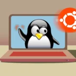 Laptop hiển thị linh vật Linux Tux tạm biệt logo Ubuntu, minh họa quá trình cài đặt hệ điều hành mới.