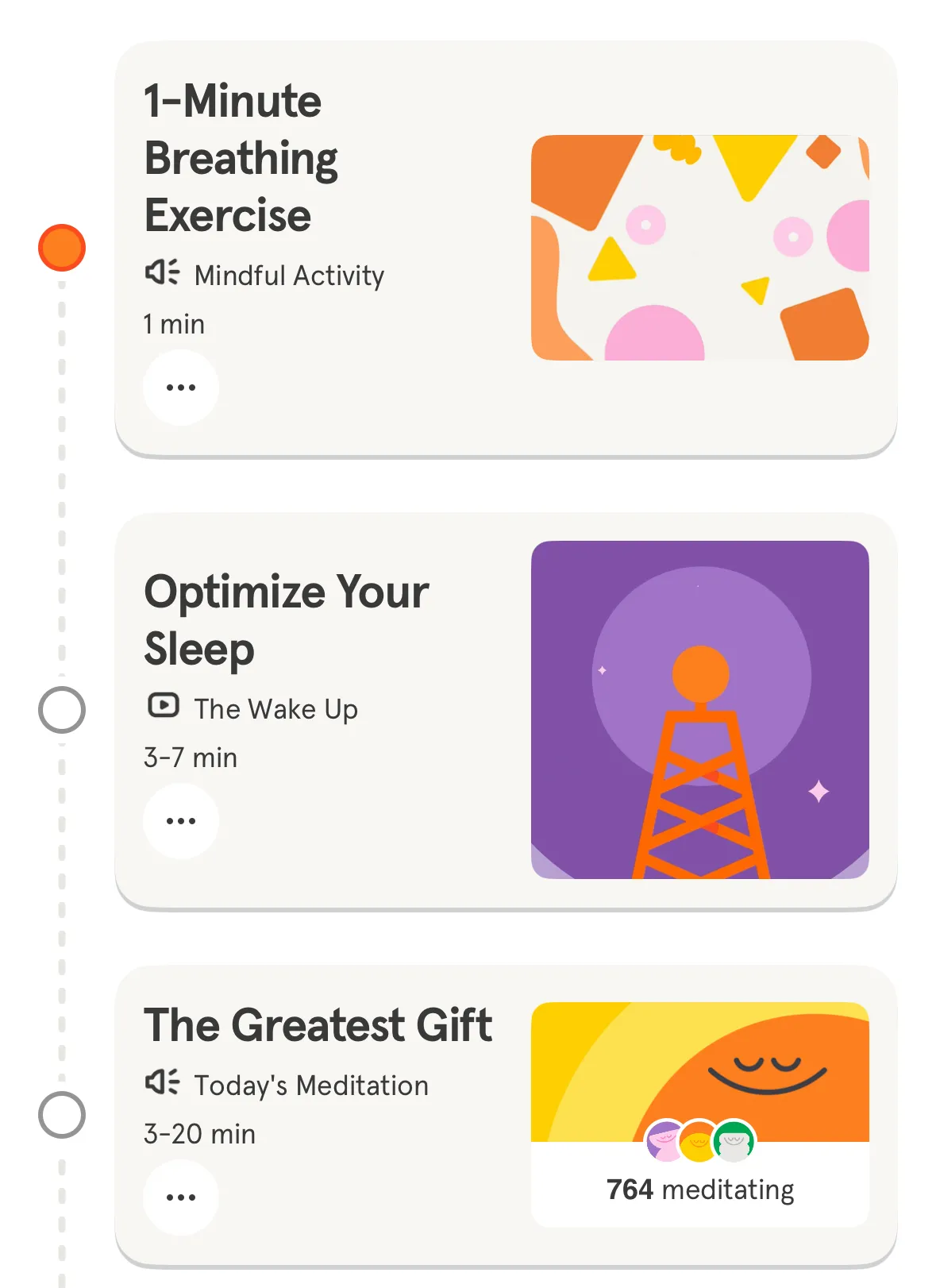 Lịch trình các bài tập thiền định chánh niệm được hiển thị trong ứng dụng Headspace, hỗ trợ người dùng giảm căng thẳng và cải thiện sức khỏe tinh thần.