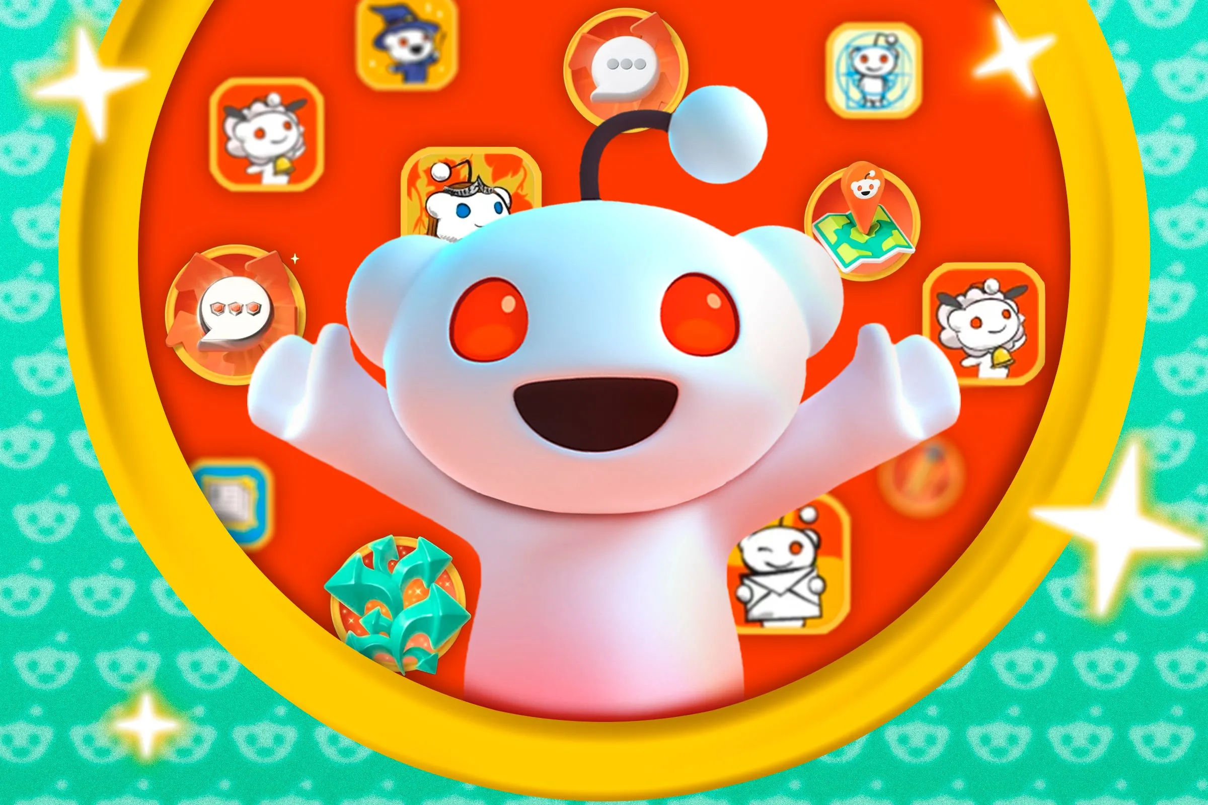 Linh vật Snoo của Reddit với những chiếc cúp và thành tích, tượng trưng cho trải nghiệm ứng dụng mượt mà và nhiều tính năng.