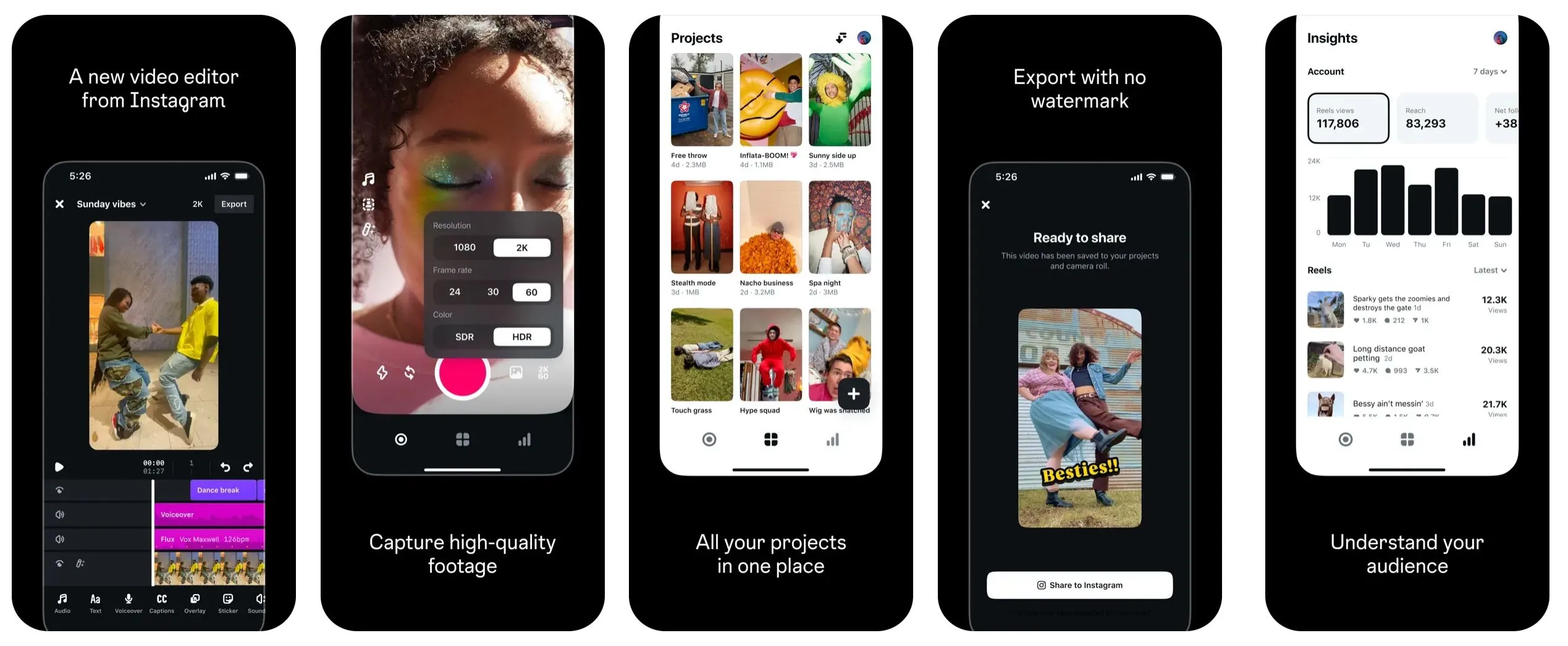 Loạt ảnh chụp màn hình từ App Store mô tả các tính năng chính và giao diện người dùng thân thiện của ứng dụng Edits, công cụ chỉnh sửa video mới từ Instagram.