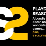 Logo Playdate Season 2 và thông điệp chào mừng, một bàn tay đưa ra biểu tượng chữ V, thể hiện sự hứng khởi với bộ sưu tập game mới cho máy chơi game cầm tay Playdate.