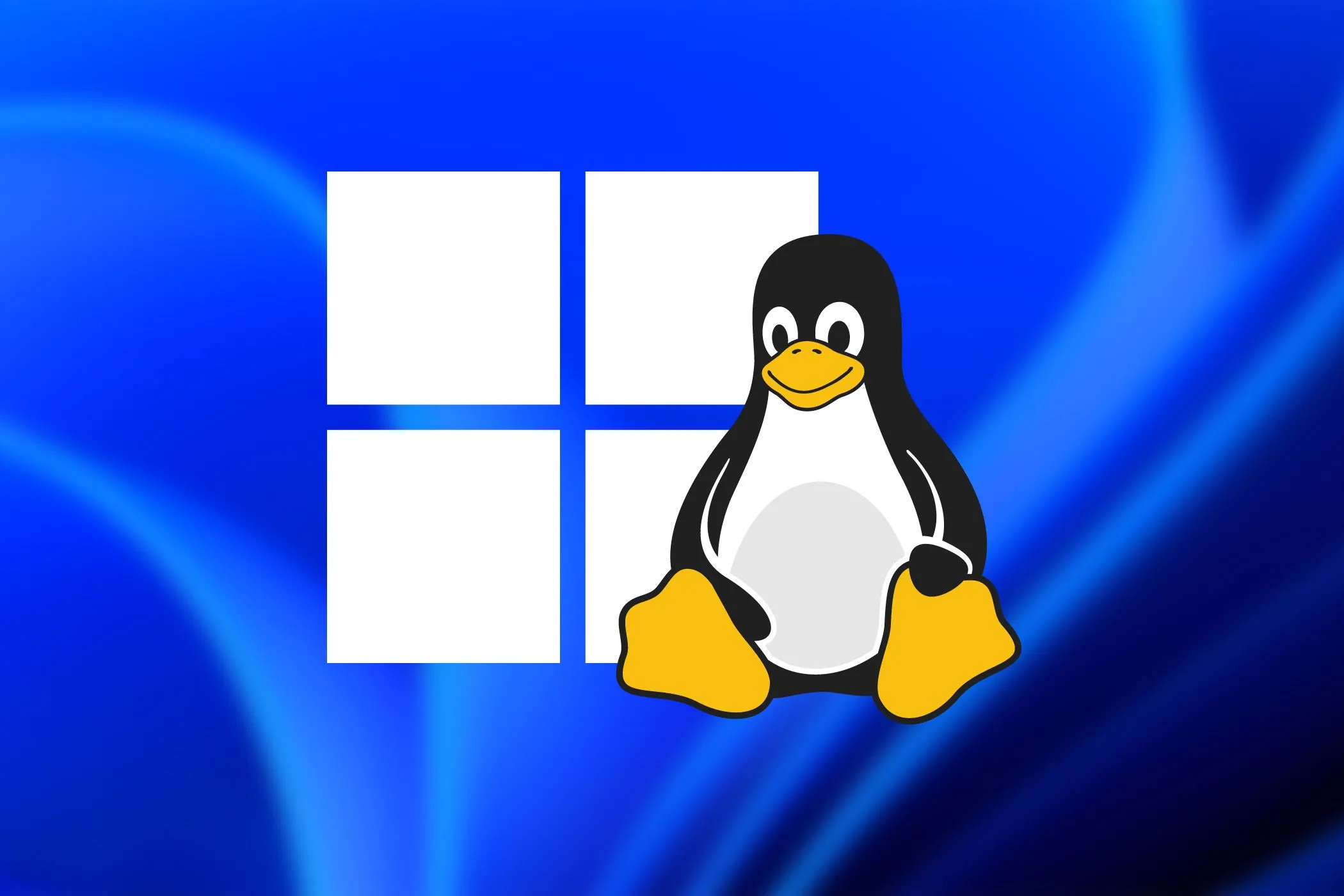Logo Windows và Tux chú chim cánh cụt biểu tượng Linux đứng cạnh nhau trên nền xanh, tượng trưng cho sự kết hợp trên hai ổ đĩa vật lý riêng biệt