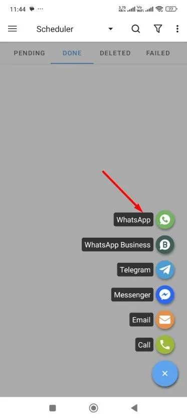 Lựa chọn WhatsApp trong giao diện ứng dụng SKEDit để lên lịch gửi tin nhắn.
