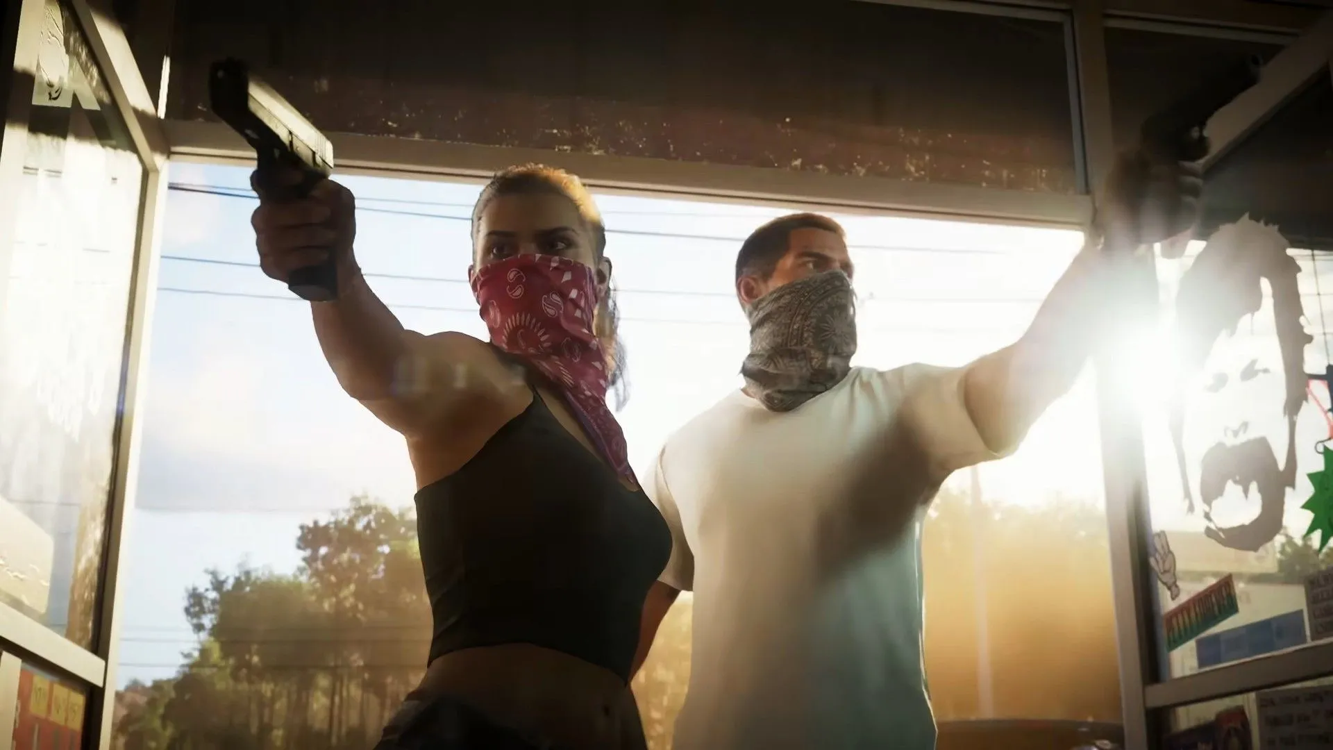 Lucia và Jason mang theo vũ khí tiến vào trạm xăng trong Grand Theft Auto VI, tượng trưng cho cuộc cạnh tranh khốc liệt trên thị trường game mùa lễ hội.