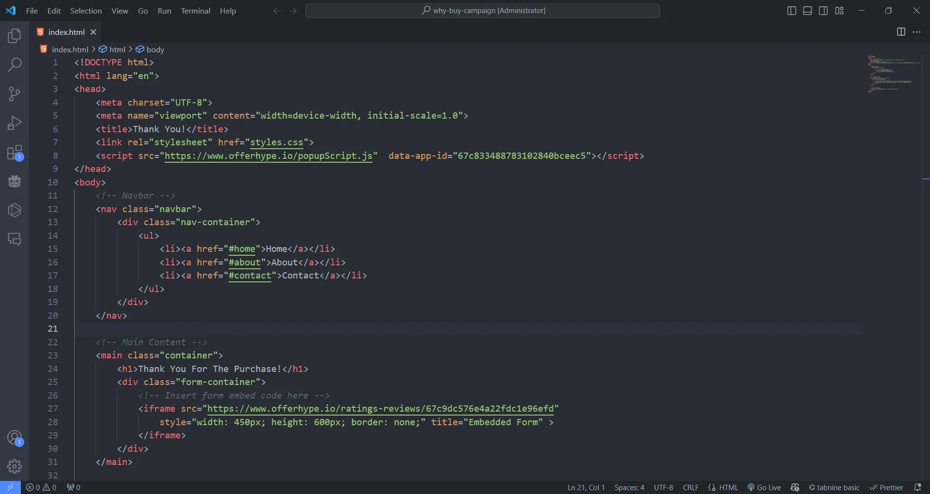 Mã HTML được hiển thị trong VS Code, minh họa môi trường lập trình linh hoạt và hiệu quả.