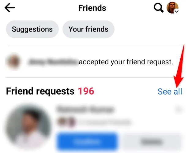Màn hình &quot;Bạn bè&quot; trên ứng dụng Facebook, với tùy chọn &quot;Xem tất cả&quot; bên cạnh &quot;Yêu cầu kết bạn&quot;, cho phép người dùng xem toàn bộ danh sách.