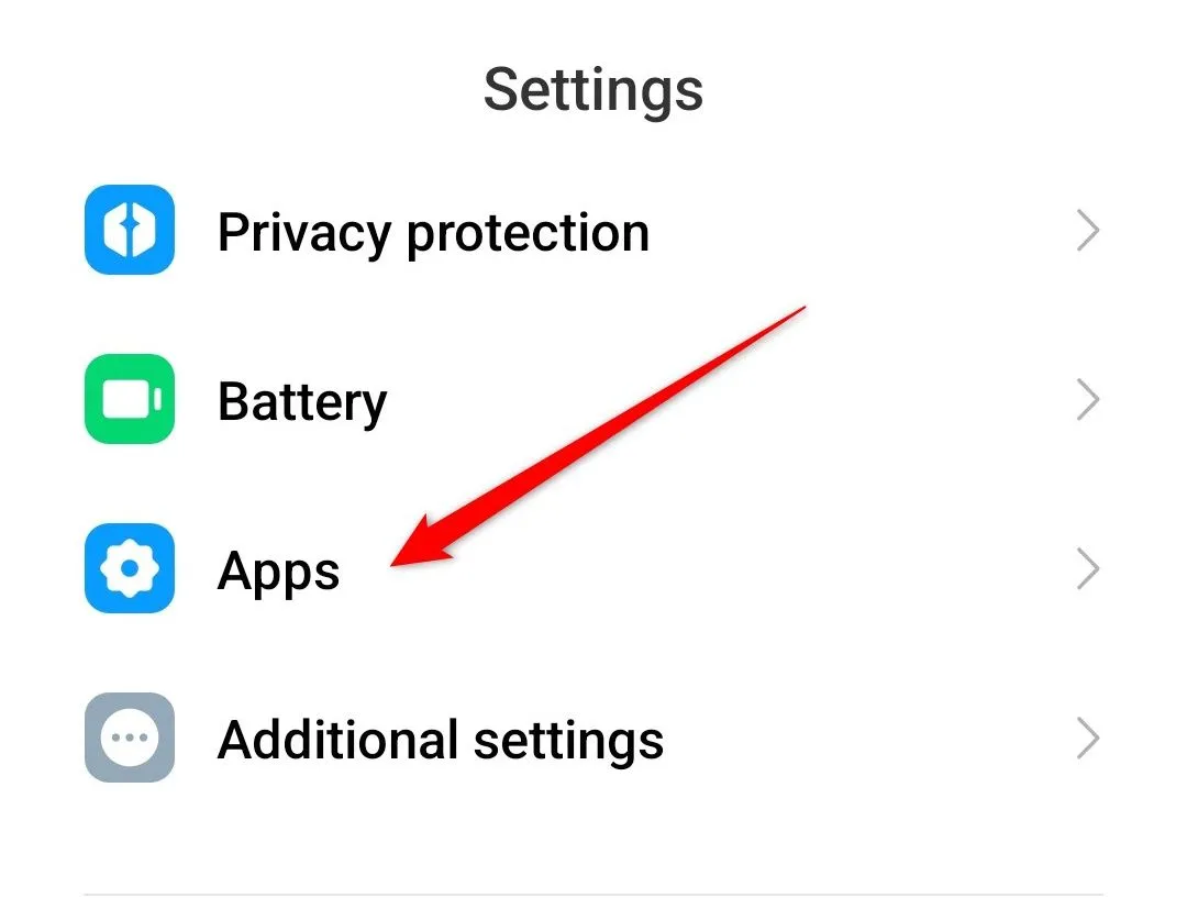 Màn hình cài đặt Android, hiển thị danh sách các mục, với &quot;Apps&quot; (Ứng dụng) được khoanh vùng.