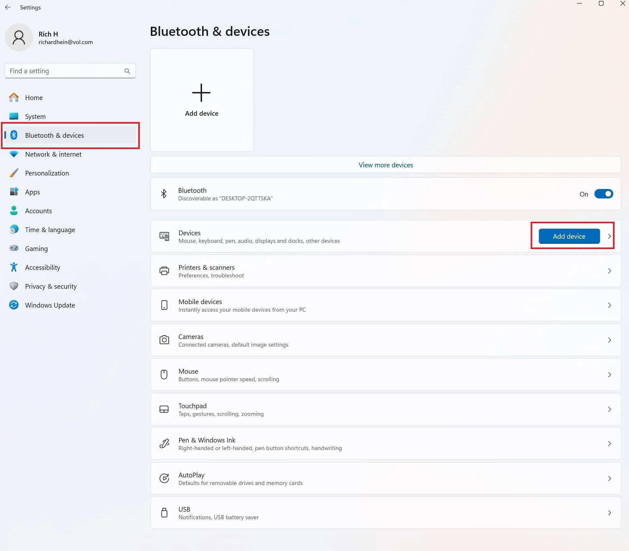 Màn hình cài đặt Bluetooth &amp; Thiết bị trên Windows, hiển thị nút 'Thêm thiết bị' để kết nối tay cầm Xbox không dây.