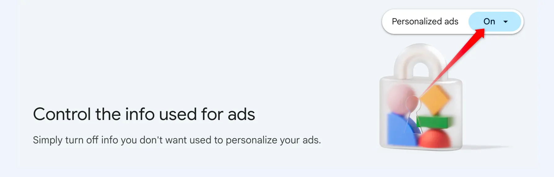 Màn hình cài đặt cho phép người dùng tắt tính năng quảng cáo cá nhân hóa trong tài khoản Google, giảm thiểu việc theo dõi quảng cáo.
