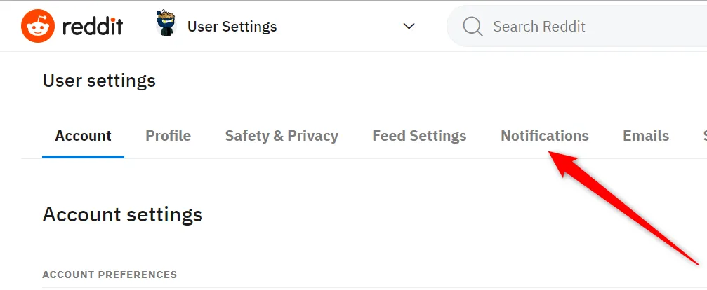 Màn hình cài đặt người dùng Reddit với tab &quot;Notifications&quot; (Thông báo) được chọn.