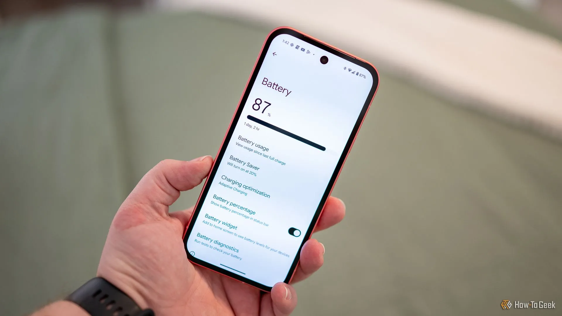 Màn hình cài đặt pin trên Google Pixel 9a, hiển thị chi tiết thời lượng sử dụng và các tùy chọn tiết kiệm năng lượng.