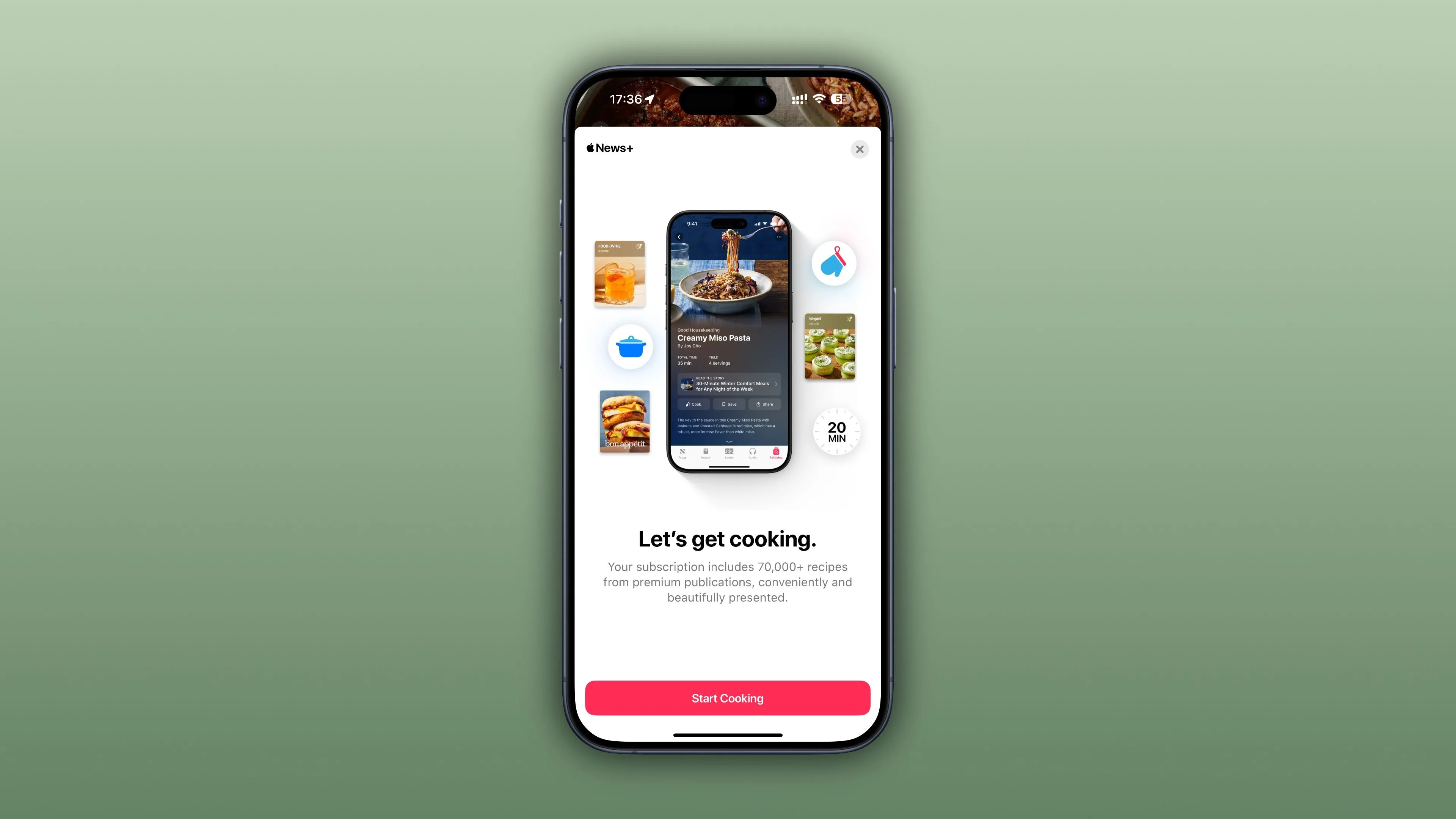 Màn hình chào mừng của mục Ẩm thực (Food) trong ứng dụng Apple News+ trên iPhone, giới thiệu giao diện công thức nấu ăn đẹp mắt