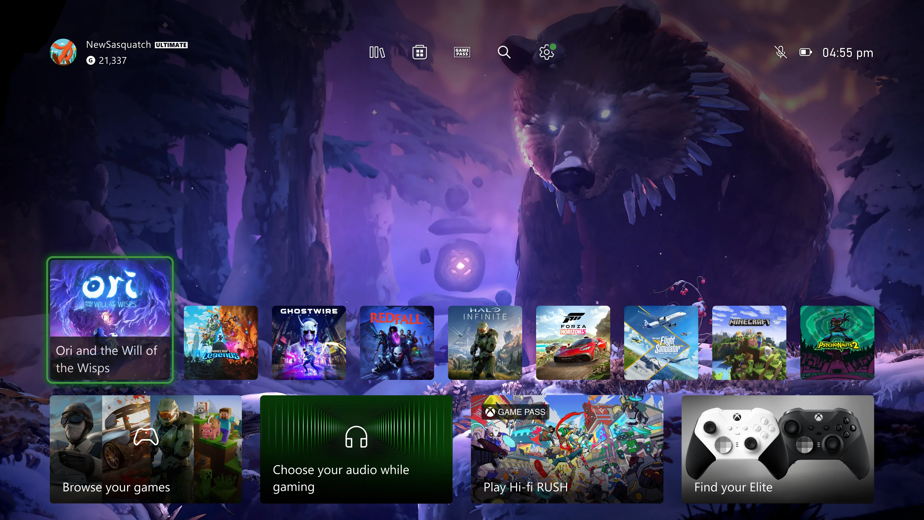 Màn hình chính Xbox hiển thị menu truy cập nhanh ở phía trên, được thiết kế để dễ dàng điều hướng bằng tay cầm, tối ưu hóa trải nghiệm người dùng trên thiết bị console hoặc cầm tay.