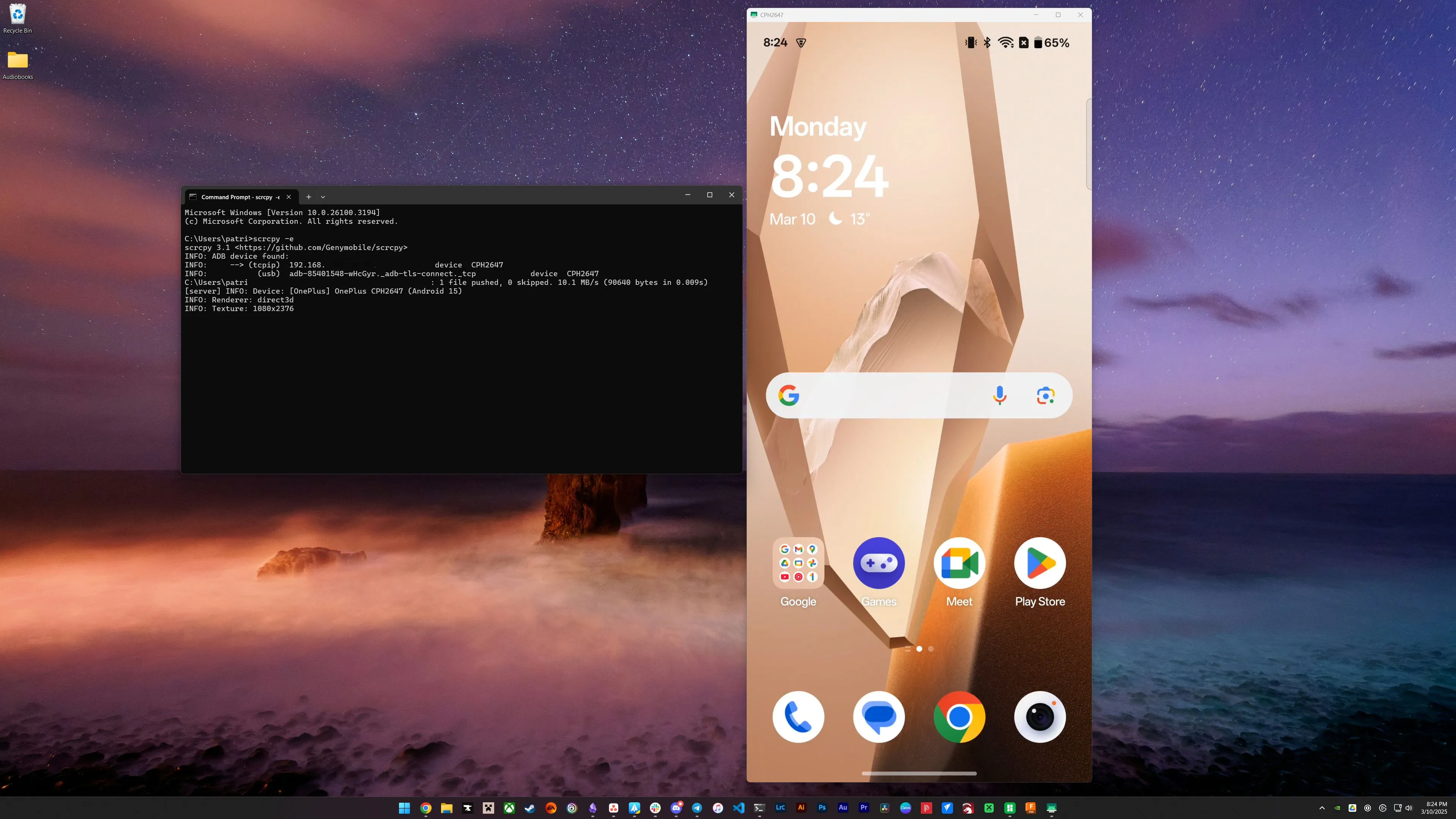 Màn hình điện thoại Android được phản chiếu không dây lên máy tính Windows thông qua ADB bằng scrcpy