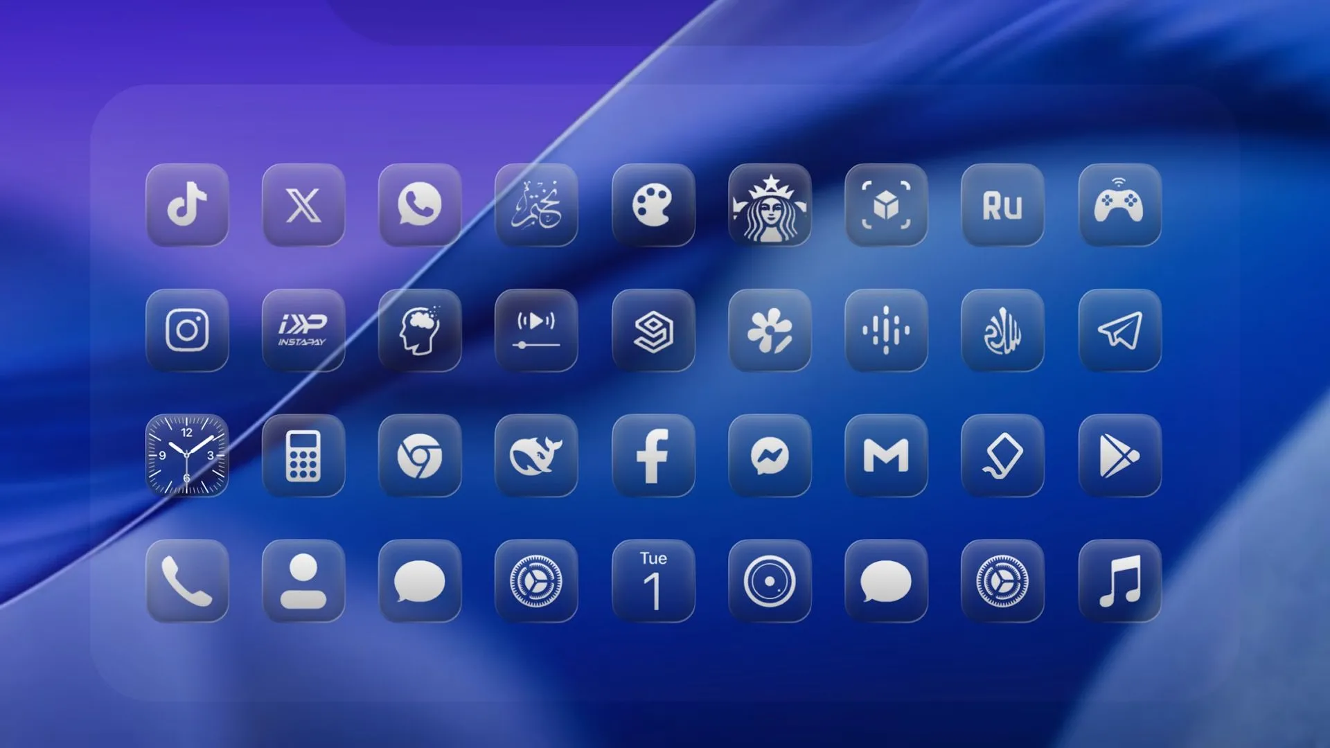 Màn hình điện thoại Android hiển thị bộ icon Liquid Glass, mang đến giao diện trong suốt, bóng bẩy lấy cảm hứng từ iOS 26