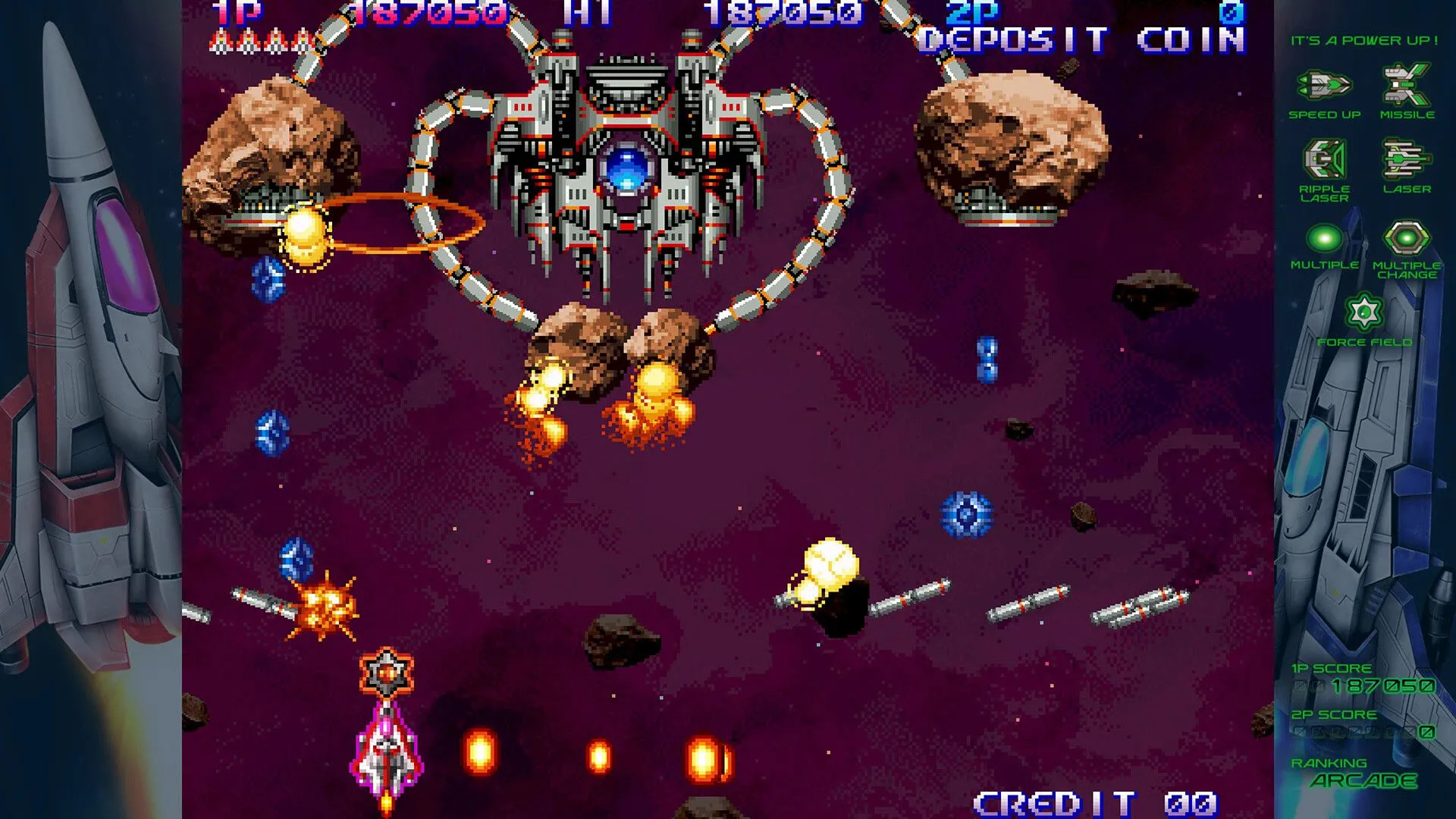 Màn hình game Gradius Origins với phong cách đồ họa retro, nhiều kẻ thù và đạn bay khắp nơi